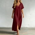 thumbnail image 5 of Dvprdro V Neck Short Sleeve Cotton Side Pockets Loose A Line Maxi Dress for Women Summer Beach Vacation Solid, 5 of 8