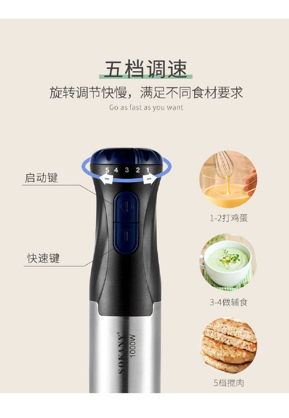 Electric Immersion Hand Blender Portable Stick Mixer 5 Mixing Speed, Meat Grinder with Stainless Steel Blades Meat, Vegetable, Fruit, Baby Food