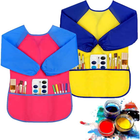 2 Pack Kids Art Smock,Kids Painting Apron,Toddler Smock Artist Painting for 2-4 Years,Waterproof with Long Sleeve,3 Roomy Pockets Cooking Painting Party Supplies