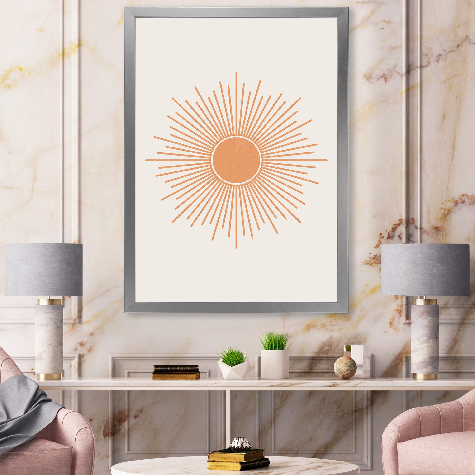 Designart 'Minimal Bright Shining Orange Sun Rays III' Modern Framed Art Print