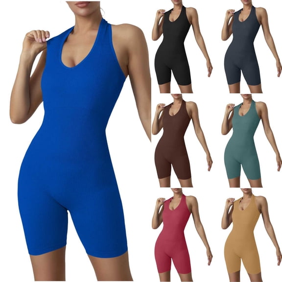 Fancifize One Piece Jumpsuit for Women Workout Capri Catsuit Yoga Halter Backless Sleeveless Rompers