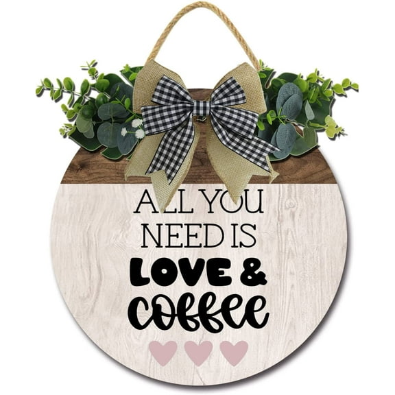 Eveokoki 12" All You Need is Love and Coffee，Coffee Bar Decor Sign Farmhouse Wall Decor Wooden Round Retro Rustic Coffee Bar Decor Coffee Lover Coffee Station Decor Home Office Kitchen