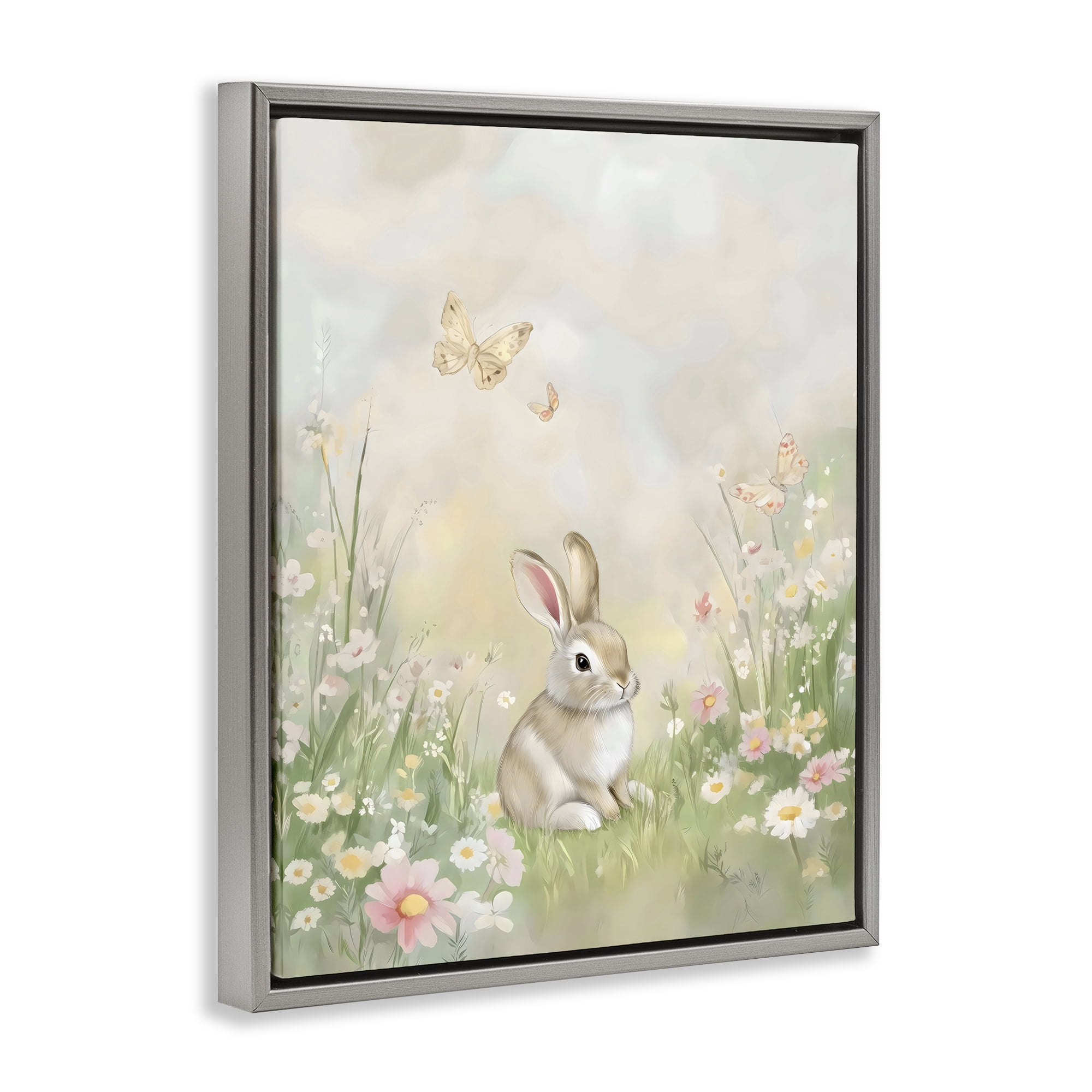 Stupell Industries Nursery Bunny in Meadow Gray Framed Floater Canvas Wall Art, design by Arlington Prints