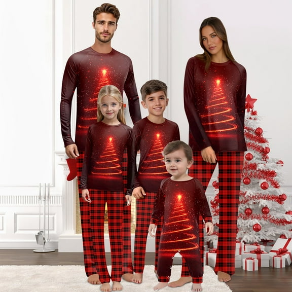Family Matching Christmas Pajamas – matching family christmas pajamas – Matching Christmas Pjs for Family with Red Light-Up Christmas Tree Print Tops & Plaid Pants – Christmas family pajamas matching