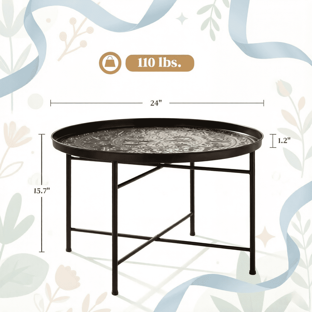 Hand Hammered Floral Round Metal Coffee Table Dia.24", Brushed Finish Tray Top Side Tea Table with Adjustable Foot Pads for Living Room Bedroom