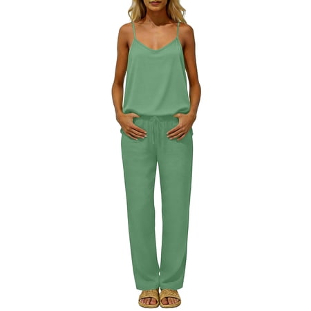 Jumpers for Women Casual Comfy Jumpsuits for Women Womens Jumpsuits Casual Jumpsuits for Women Womens Jumpsuit Women Casual Sleeveless Spaghetti Lounge Pajama Jumpsuit Green-L