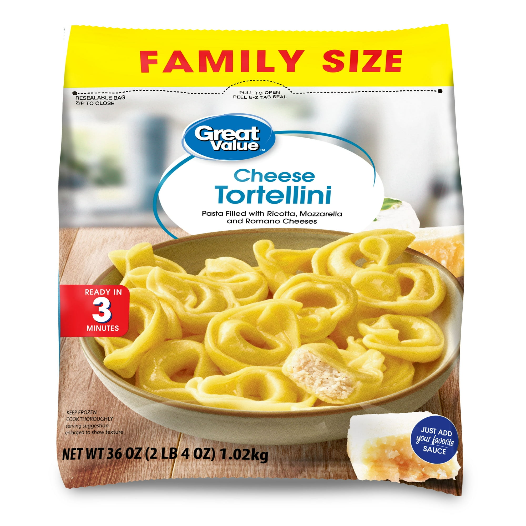Great Value Family Size Cheese Tortellini, Pasta, 36 oz Bag (Frozen)