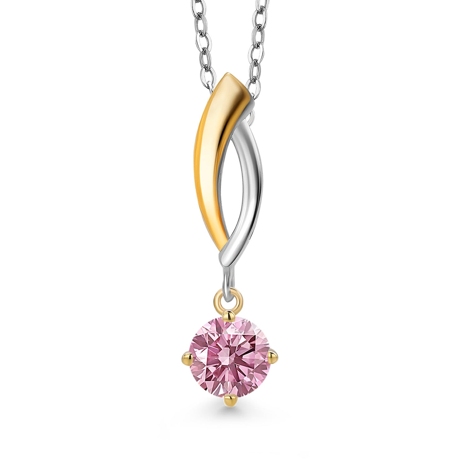 Gem Stone King 925 Silver and 10K Yellow Gold Pink Lab Grown Diamond Pendant Necklace for Women | 0.50 Cttw | Gemstone April Birthstone | Round 5MM | With 18 inch Silver Chain