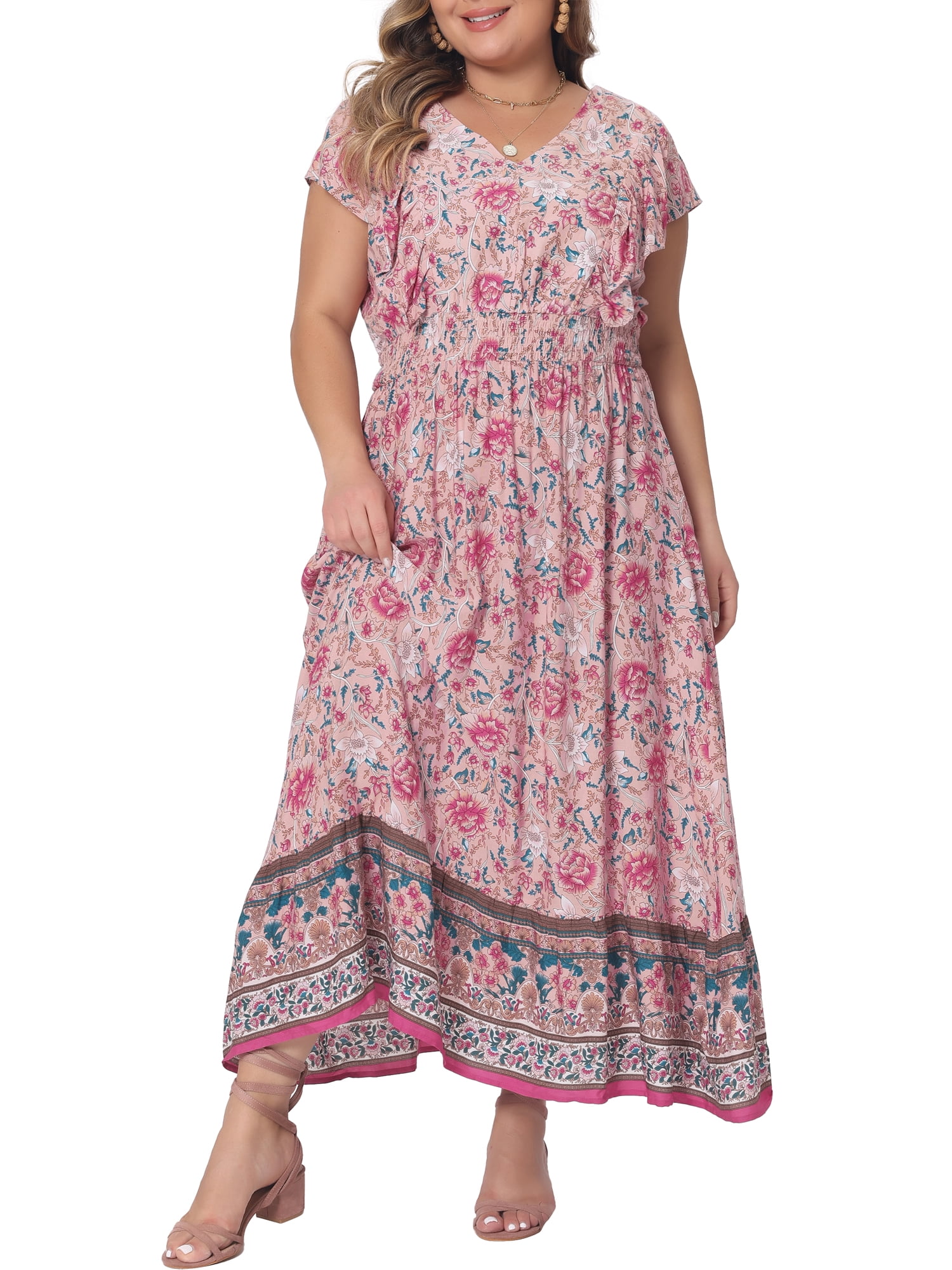 DARING DIVA Women's Plus Size Floral Ruffle Sleeve Beach Boho Maxi Dress 1X Pink