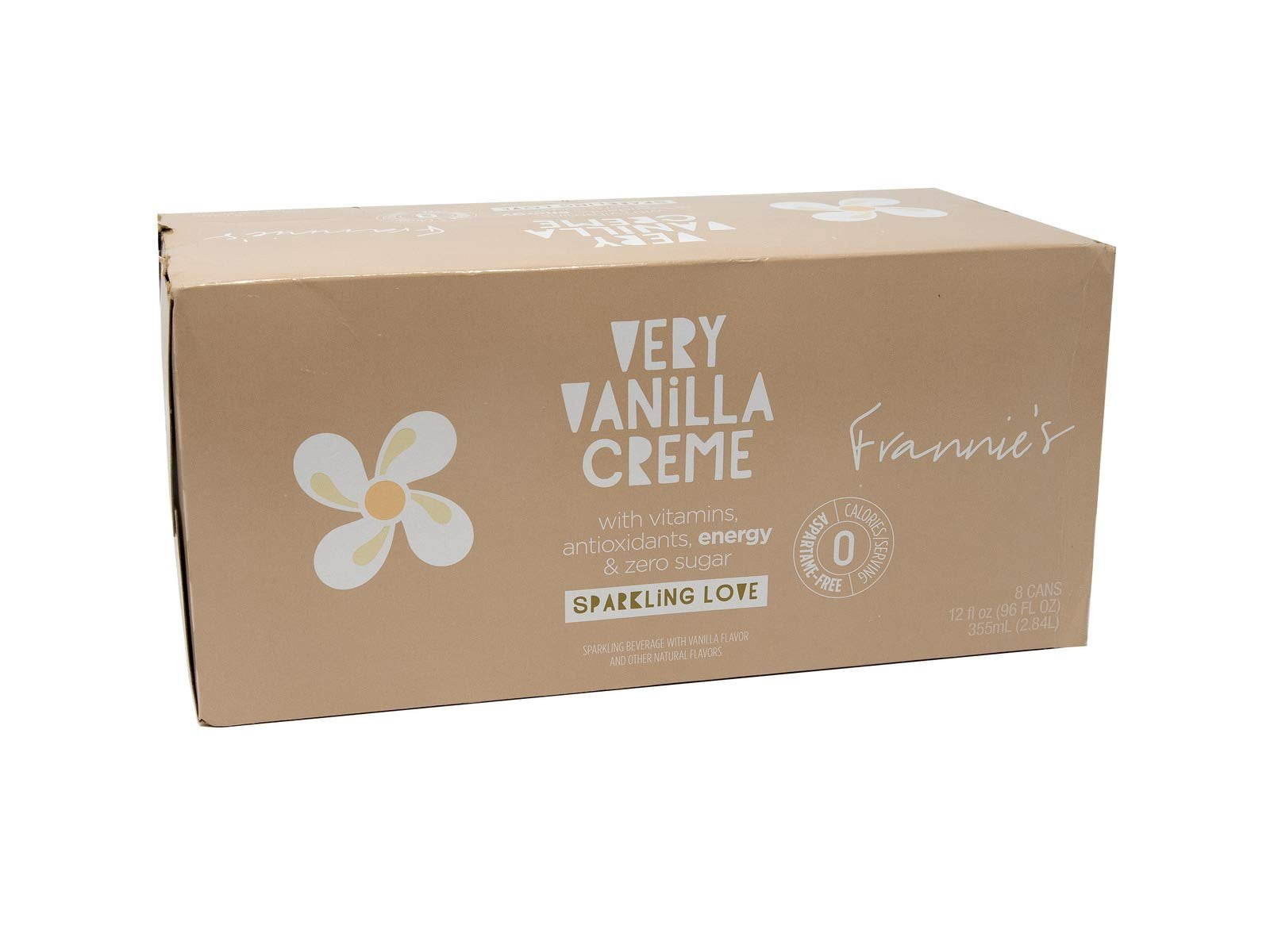 Frannies Sparkling Very Vanilla Creme, Protected With High-Density Foam, With Vitamins, Antioxidants, Energy, Zero Aspartame & No Sugar, 12 Oz. Cans Pack of 8 Cans