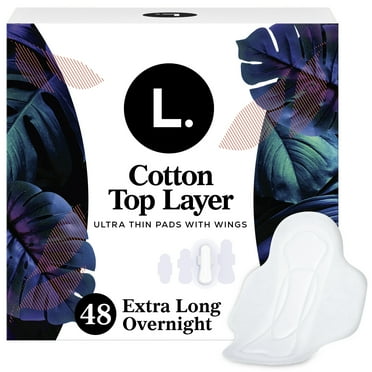 L. Ultra Thin Pads for Women, Overnight Absorbency, Organic Cotton Top Layer, Unscented Pads with Wings, 48 CT