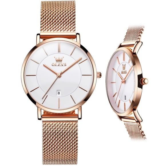 OLEVS Montres pour Femmes Grand Cadran Or Rose Montre Habillée pour Dames avec Date Mince Simple Facile à Lire Montres pour Femmes pour Petits Poignets Étanche Affaires Décontracté Montres pour Femmes Blanc Reloj para Mujer