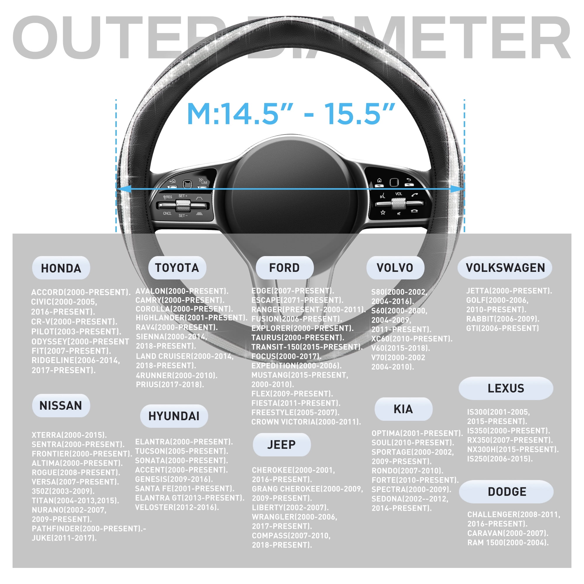 Auto Drive 1Piece Steering Wheel Cover with Silver Diamond Leather Black - Universal Fit, 20WM08