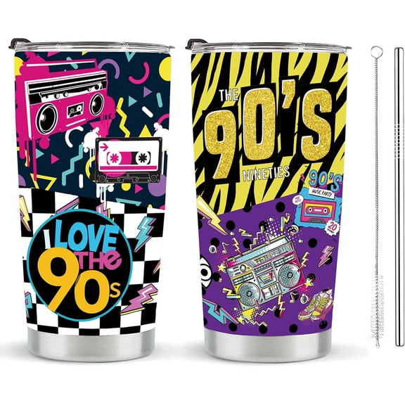 90s Tumbler for Women Men, 90s Party Decoration, Tumbler with Lid and Straw 20oz, 90s Retro Gift Stainless Steel Insulated Coffee Mug Travel Cup
