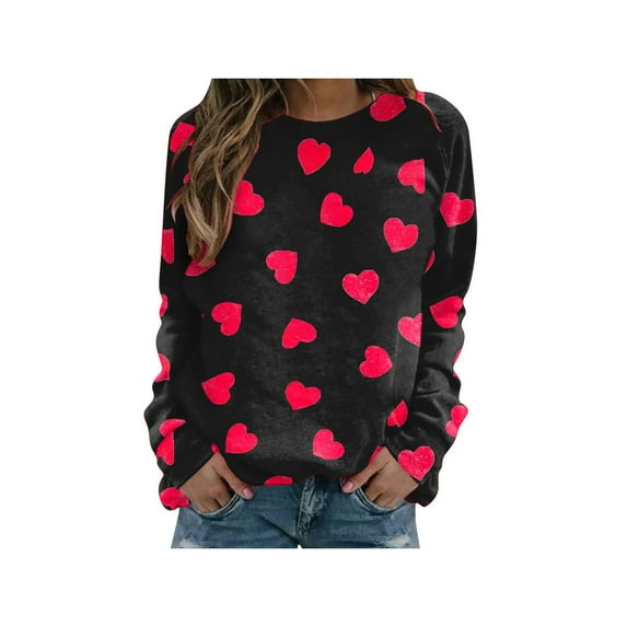 Qiylii Valentine's Day Top for Women Long Sleeve Love Heart Graphic Shirt Blouse Printed Crewneck Tunic T shirts Plus Size