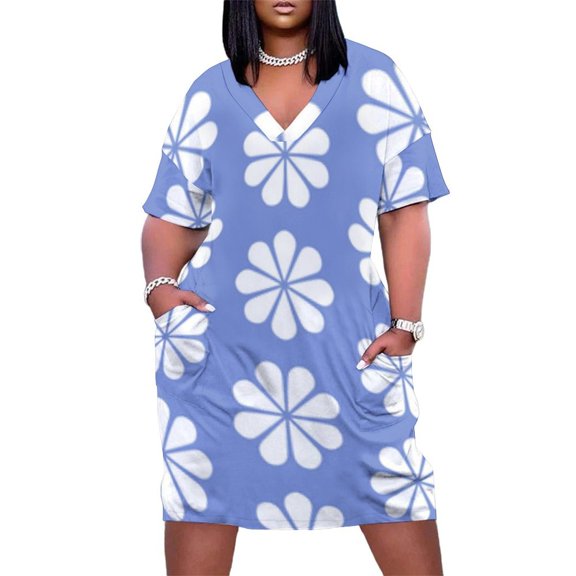 Blue Background White Flower Pattern Summer Sundress for Curve Women Casual Pattern Plus Size V Neck Short Sleeve Loose Fit Oversize Dresses