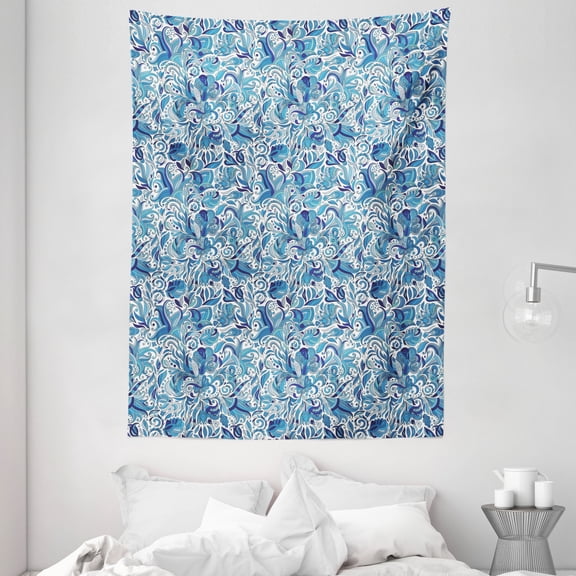 Floral Tapestry, Turkish Ceramic Art Swirled Nature Leaves Trendy Middle Eastern Design, Wall Hanging for Bedroom Living Room Dorm Decor, 60W X 80L Inches, Blue Navy and Green, by Ambesonne