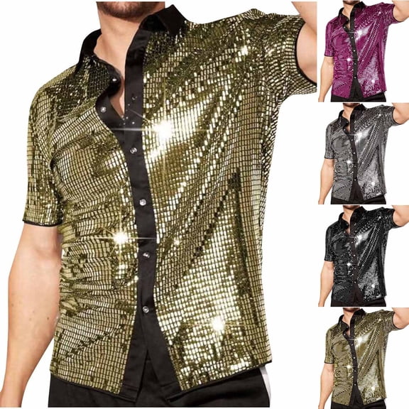 FRSASU Disco Sequins Shirt for Men Vintage Sparkle Short Sleeve Button Up Shirt Shiny Metallic Party Shirt for Nightclub Silver