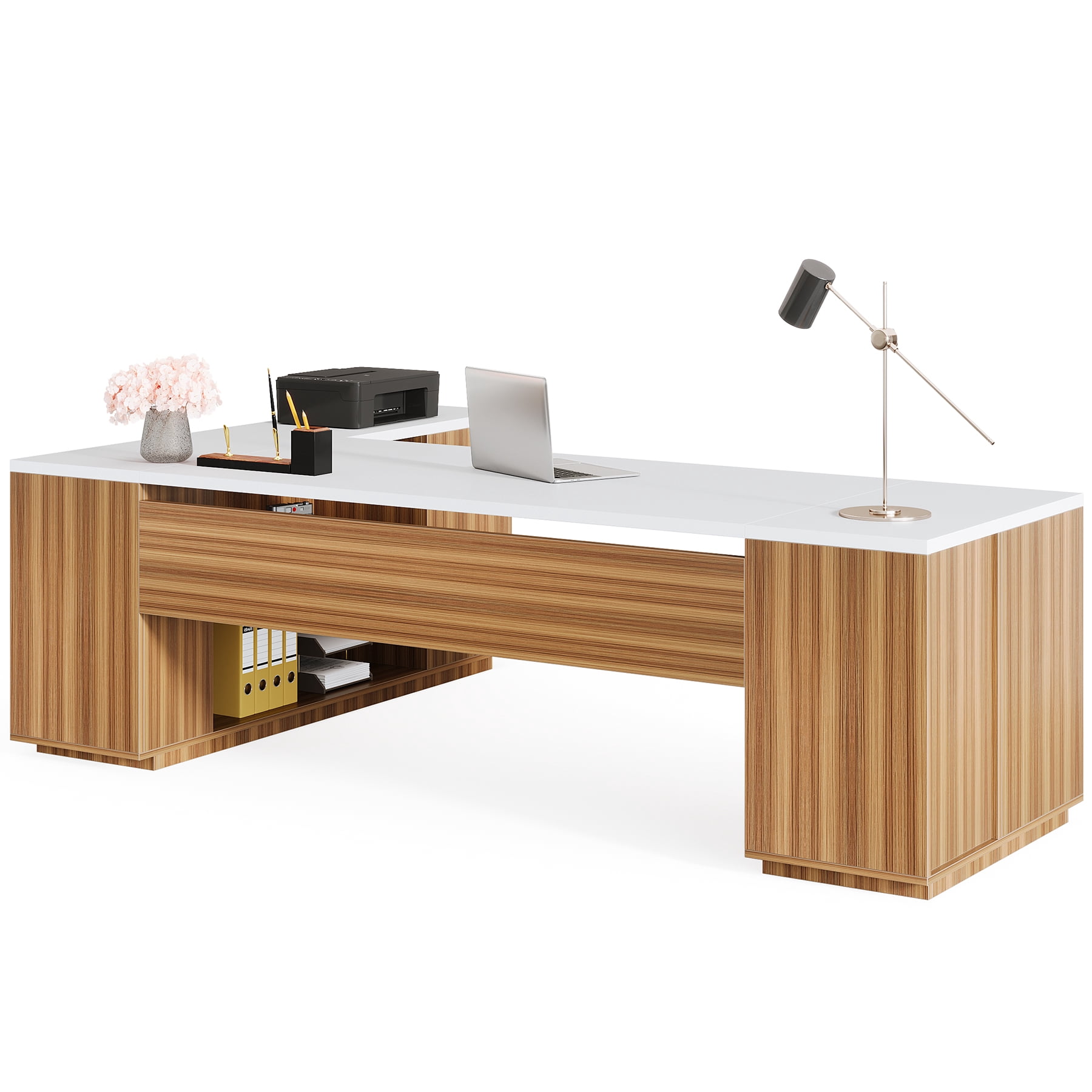 Fnova 85" L-Shaped Executive Desk with Storage Drawers, Modern Office Desk with Adjustable Shelves & File Cabinet, Extra Long Corner Computer Desk for Home Office