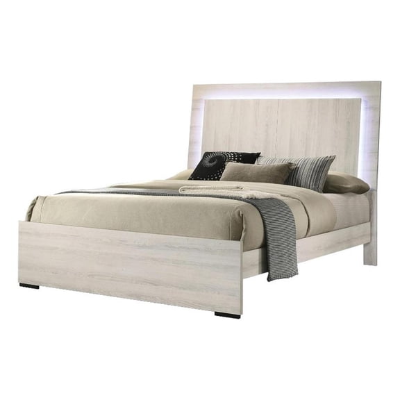 Hyao King Size Bed w LED Headboard-White Wash Paper Veneer