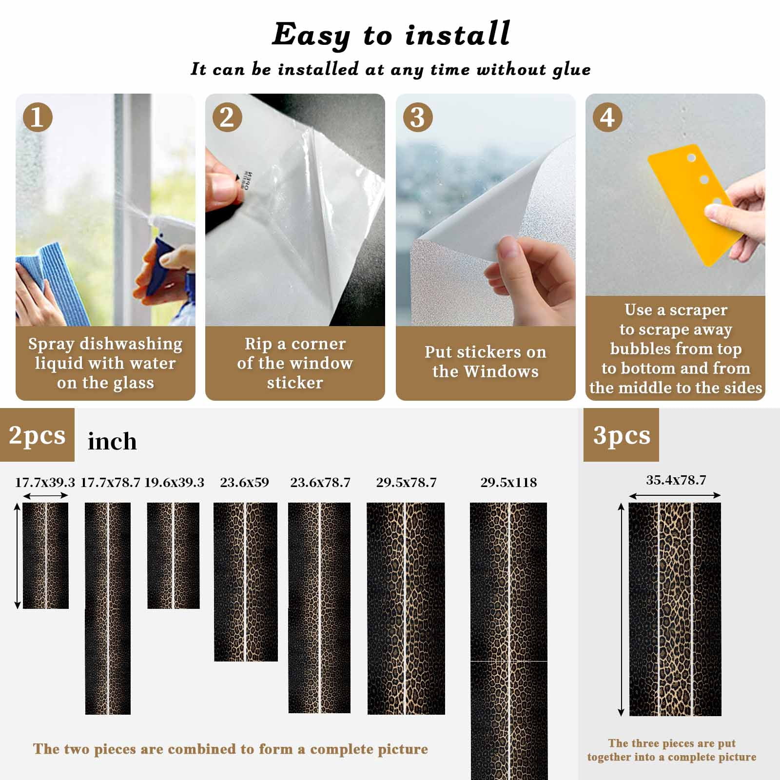 Leopard Print Window Privacy Film, Chic Abstract Black Brown Animals Texture Static Cling UV Sun Blocking Heat Control Window Tint, Non-Adhesive One Way Windows Privacy Cover 35.4''x78.7''