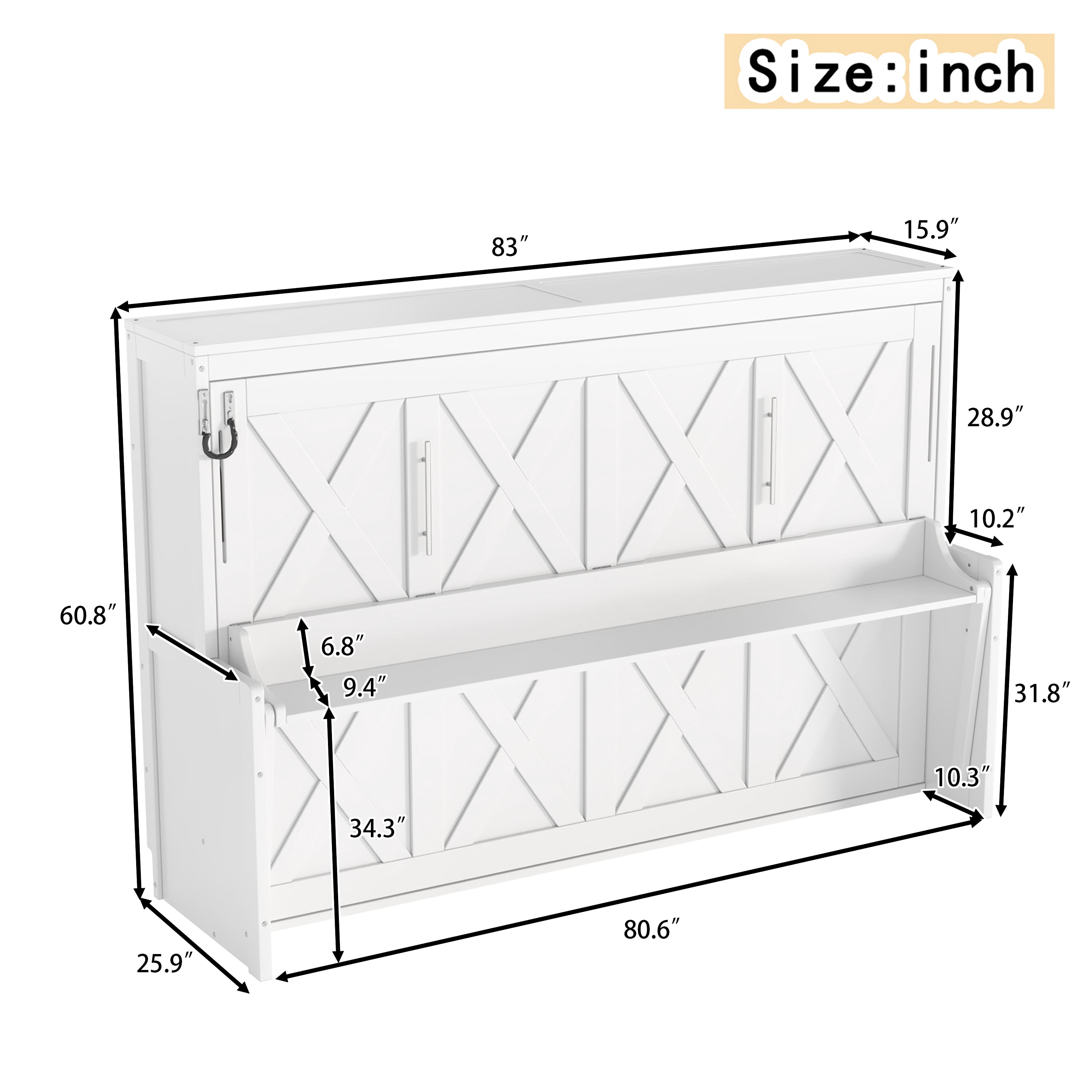 Mintazer Full Murphy Bed with Desk & Pegboard Storage, Farmhouse Foldable Bed with Charging Station & LED Lighting for Bedroom Guest Room, White