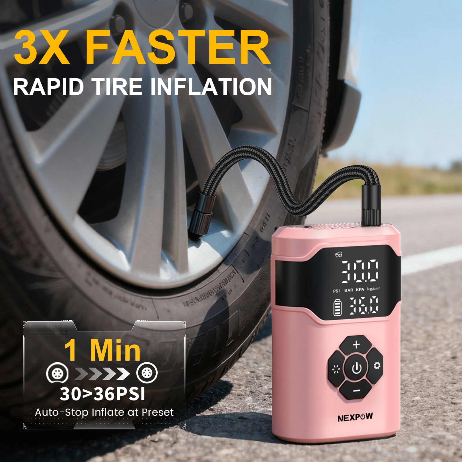 NEXPOW Tire Inflator Portable Air Compressor, 150 PSI Air Compressor for Car Tires with Dual-Screen Display, 3X Fast Inflation Portable Bike Pump for Car, Motorcycle, Bike, Ball, Pink