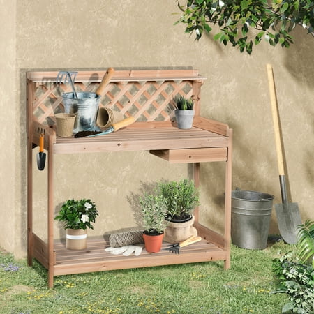 Outsunny Outdoor Garden Potting Bench, Wooden Workstation Table w/ Drawer, Hooks, Open Shelf, Lower Storage and Lattice Back for Patio, Backyard