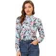 thumbnail image 1 of Camisa de manga larga Allegra K con cuello simulado volantes y botones florales para mujer Azul XL, 1 of 5