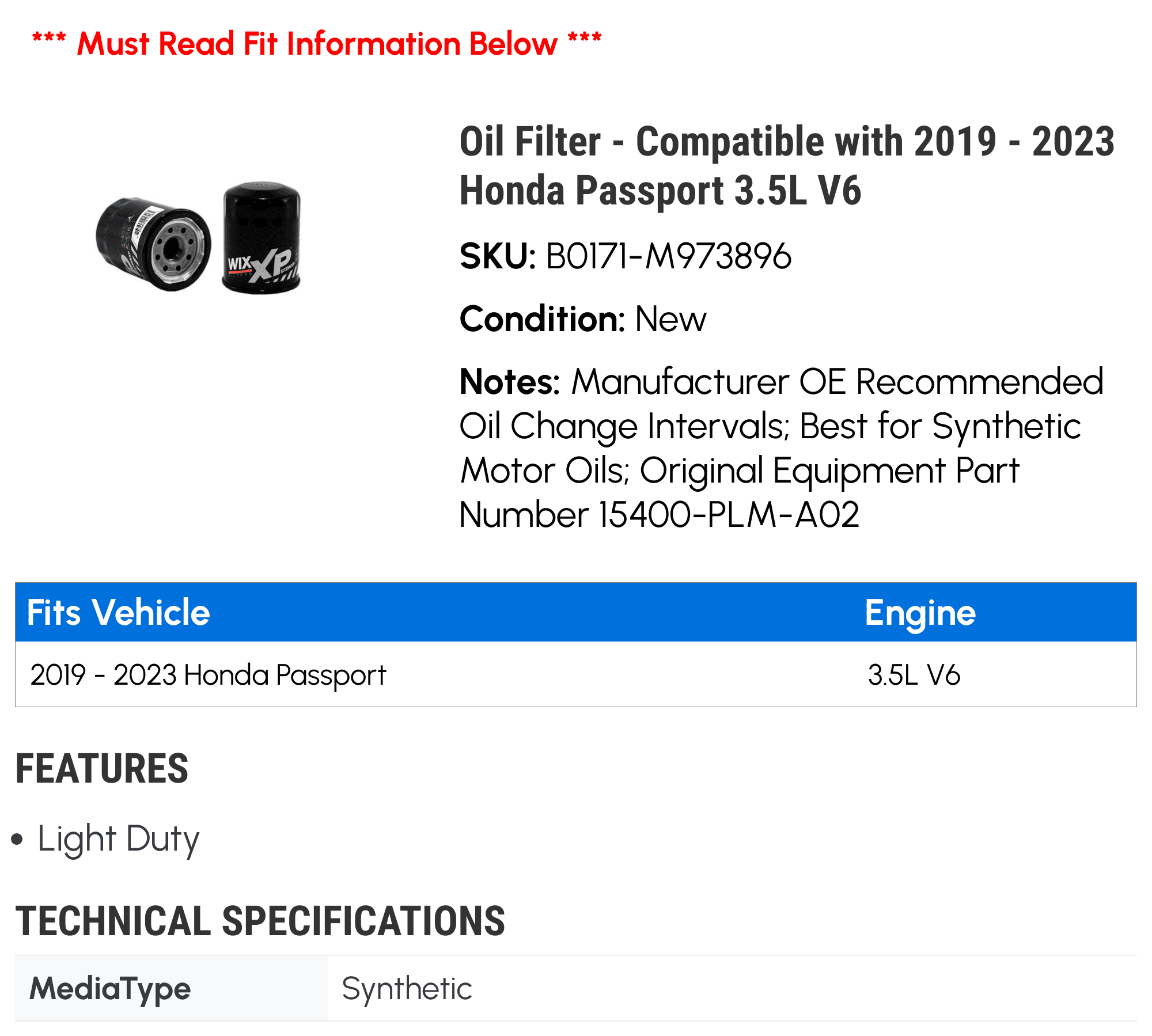 Oil Filter - Compatible with 2019 - 2023 Honda Passport 3.5L V6 2020 2021 2022