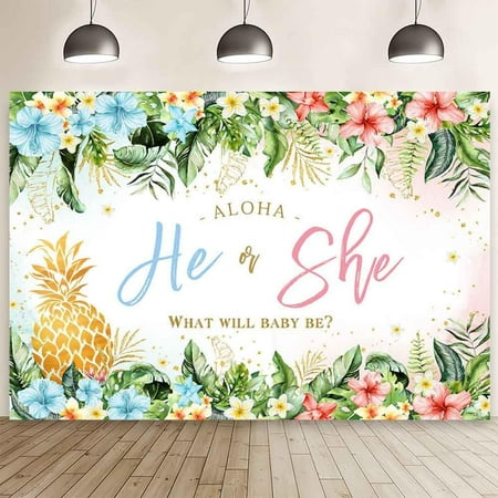 Aloha Gender Reveal Backdrop Tropical Hawaiian He or She Photography Background Summer Pineapple Gender Reveal Party Decor Palm Leaves Floral Boy or Girl Party Banner
