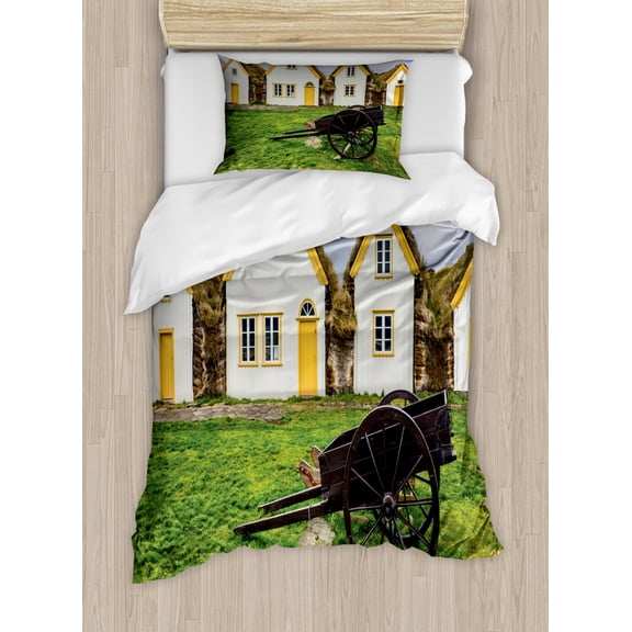 Iceland Duvet Cover Set Twin Size, Antique Traditional Icelandic Turf Viking Houses with Wheelbarrow Rural Setting, Decorative 2 Piece Bedding Set with 1 Pillow Sham, Multicolor, by Ambesonne