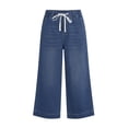 thumbnail image 2 of Elastic Waist Capris for Women Jeans Wide Leg Stretchy Pull On Petite Denim Pants Pull On Loose Denim Capris with Pockets Navy M, 2 of 7