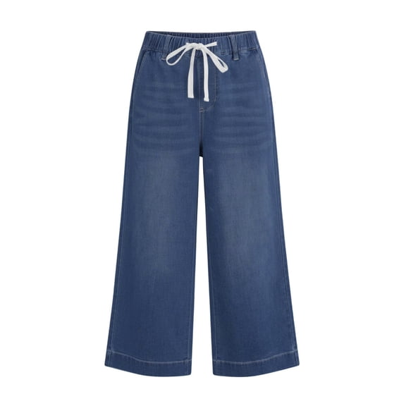 Jean Capris for Women Stretchy Baggy Drawstring Straight Wide Leg Cropped High Waisted Denim Capri Pants