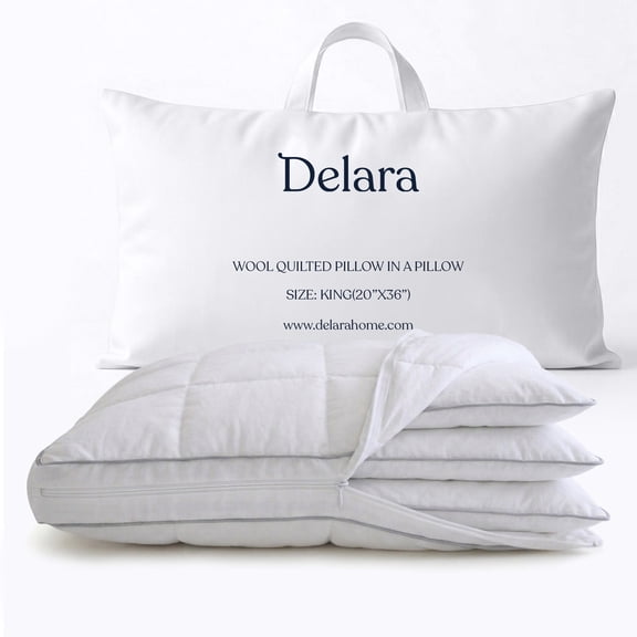 Delara 3-in-1 Adjustable New Zealand Wool Pillow - GOTS Certified Organic Cotton Shell, 200 GSM Wool Quilted Cover, Baffle Box, Side/Back/Stomach Sleepers, Spine-Alignment Friendly - King 20"×36"