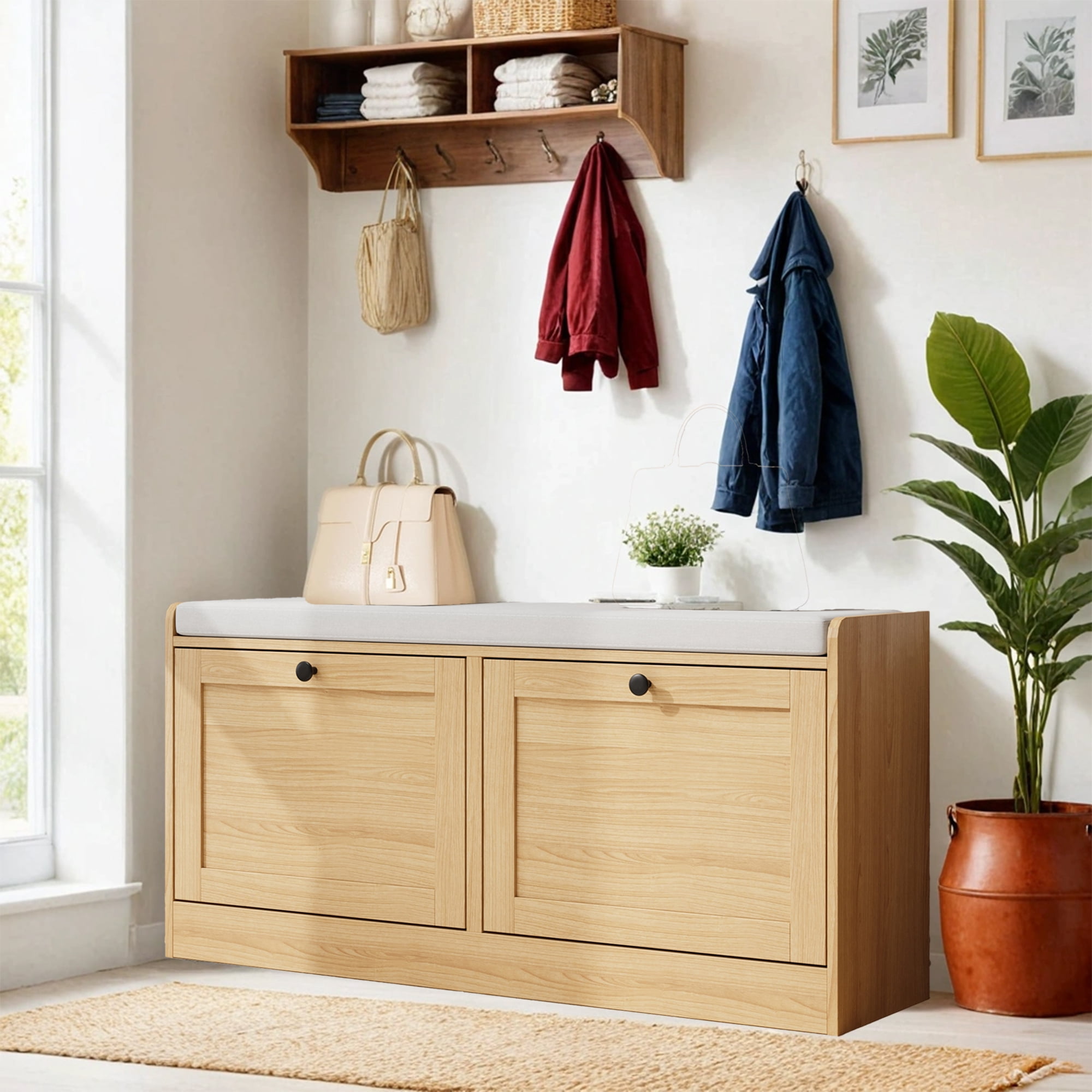 Oak Shoe Bench, Modern Entryway Bench with 2 Flip Drawers, Shoe Rack Bench with Padded Seat Cushion, Wooden Shoe Storage Bench for Entryway, Bedroom and Apartment