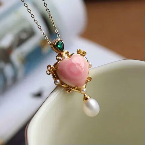 HOOUN Natural Pink Jade Heart Pendant Jewelry Necklace Chain 925 Silver