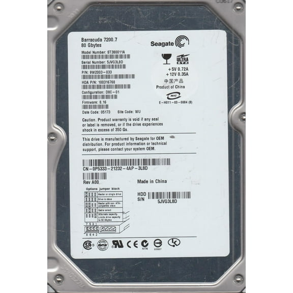 ST380011A, 5JV, WU, PN 9W2003-033, FW 8.16, Seagate 80GB IDE 3.5 Hard Drive