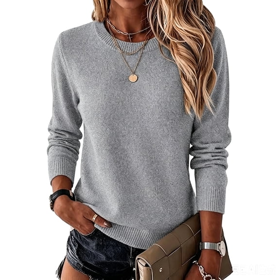 Leidass Womens Basic Crew Neck Sweater Long Sleeve Regular Fit Solid Knit Pullover For Fall Winter Gray L