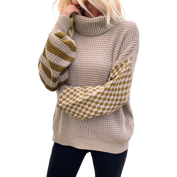 Women's Smoke Gray Striped Plaid Patchwork Waffle Knit Turtleneck Sweater | (US 20-22)2XL