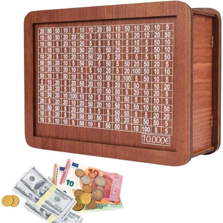 Wooden Savings Box, 10000 Currency Target Piggy Bank, Reusable Money Box with Coin & Bill Slot for Adults & Kids