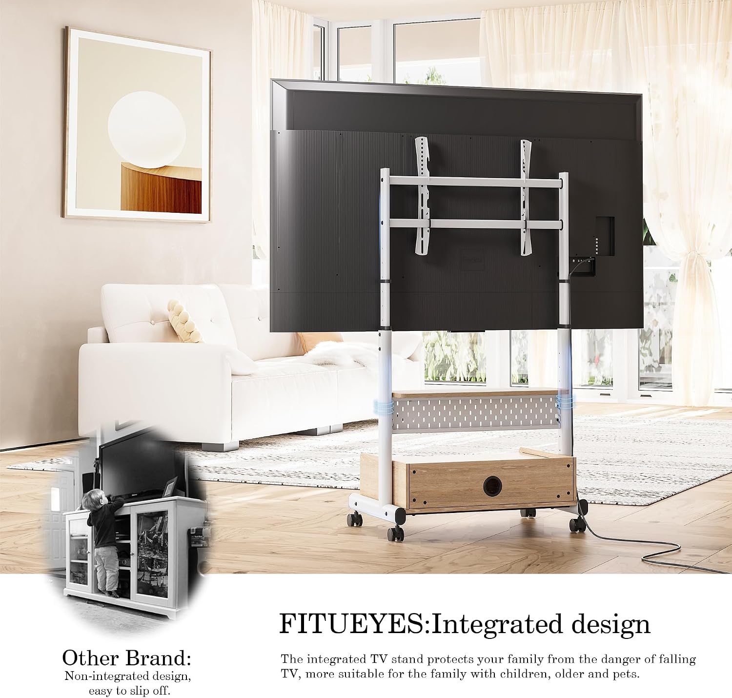 FITUEYES Rolling TV Stand for 40–85 Inch TVs, White, Storage & Pegboard