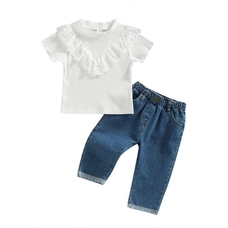 

Sunisery Kids Little Girls 2Pcs Outfits Short Sleeve Lace Trim Ruffles Ribbed Tops + Elastic Waist Denim Trousers White 3-4 Years