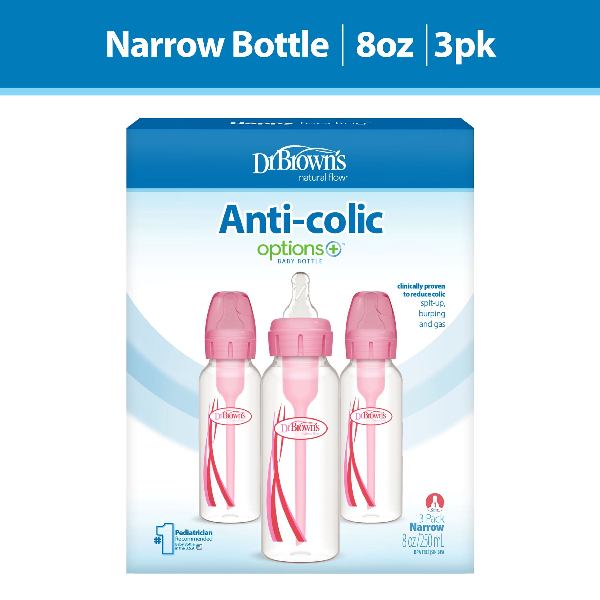 Dr. Brown’s Natural Flow Anti-Colic Options+ Narrow Baby Bottle, Pink, 8oz, Slow Flow, 0m+, 3 Pack