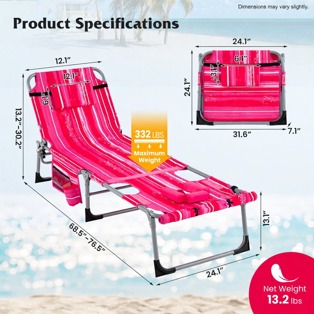 Hommoo 5-Position Adjustable Outdoor Folding Chaise Lounge Chair with Removable Pillow, Rose Pink