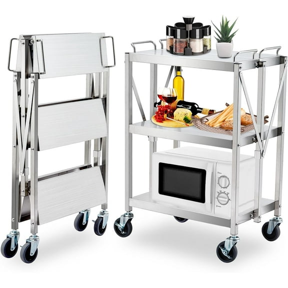 Service Cart,Heavy Duty 3-Shelf Rolling Utility Push Cart with Lockable Wheels,400 Lbs Capacity,Collapsible Serving Cart for Foodservice Restaurant Cleaning