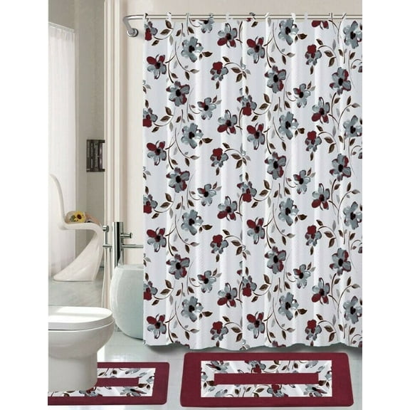 SUPER SOFT & STYLISH BOUTIQUE 15PC BATHROOM SET ASHLEY BURGUNDY DESIGN WASHABLE NON SLIP INCLUDES 2 BATH/RUG MATH   1 SHOWER CURTAIN   12PC RINGS