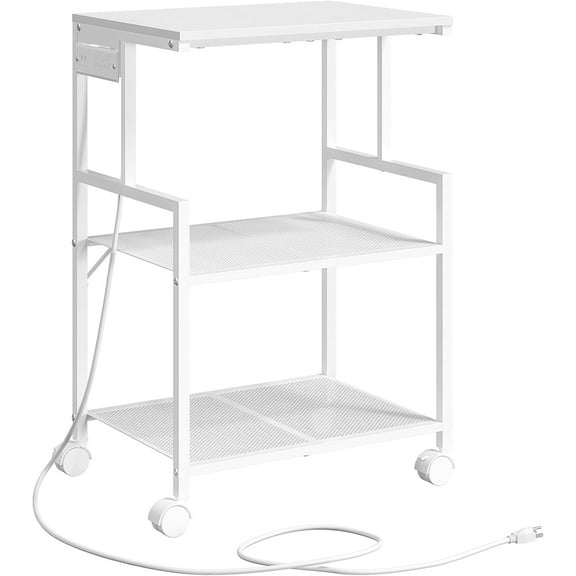 Mobile Printer Stand, 3-Tier Industrial Printer Cart with Power Outlets and 2 USB Ports, Rolling Printer Table on Wheels for Home Offices Kitchen Organization Rack, White PTWT78E01