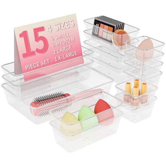 15 PCS Clear Plastic Drawer Organizer Set, 4 Sizes Versatile Bathroom Drawer Organization and Storage Trays, Non-Slip Desk Vanity Storage Bins for Makeup Jewelry Kitchen Utensil Gadget Office