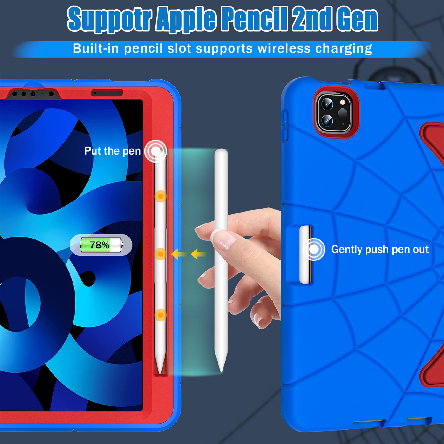 Kids Case for iPad 9th/8th/7th Generation with Pencil Holder, Lightweight Shockproof Stand Anti-Slip Rugged Silicone PC Case Cover for iPad 10.2" 2021/2020/2019 for Boys Girls, Blue+Red
